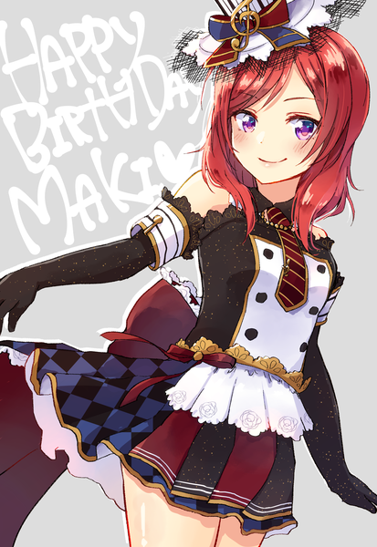Anime picture 2065x3003 with love live! school idol project sunrise (studio) love live! nishikino maki shuu (mniarnoakou) single tall image looking at viewer blush highres short hair smile purple eyes red hair grey background character names happy birthday checkered treble clef girl