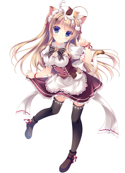 Anime picture 1024x1419 with nyan cafe macchiato nekomori mike yukie (peach candy) single long hair tall image looking at viewer blue eyes smile brown hair animal ears game cg tail animal tail cat ears maid cat girl cat tail transparent background girl
