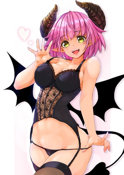 Anime picture 1000x1414 with original maru-pen single tall image looking at viewer fringe short hair breasts open mouth light erotic simple background smile large breasts standing white background bare shoulders yellow eyes pink hair cleavage tail
