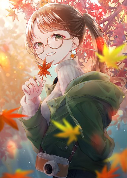 Anime picture 2591x3624 with original rubianeko single long hair tall image looking at viewer highres smile brown hair green eyes upper body outdoors ponytail grin autumn girl earrings glasses leaf (leaves) autumn leaves