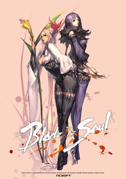 Anime picture 5722x8092 with blade & soul kun (blade & soul) kim hyung tae tall image highres short hair simple background red eyes multiple girls green eyes pink hair absurdres purple hair very long hair lips pointy ears inscription thick thighs girl thighhighs