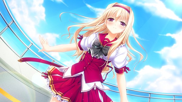Anime picture 1024x576 with fortuna rhapsody tagme (character) long hair blush blonde hair wide image game cg pink eyes girl uniform school uniform hairband bowtie