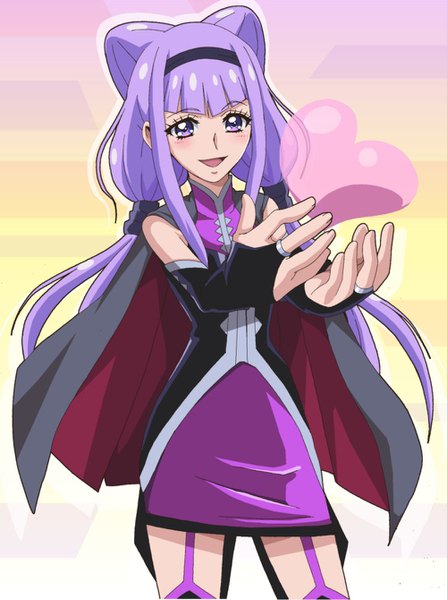 Anime picture 1000x1340 with precure hugtto! precure toei animation ruru amour masaru (win800) single long hair tall image looking at viewer blush fringe open mouth simple background smile standing twintails purple eyes payot purple hair :d