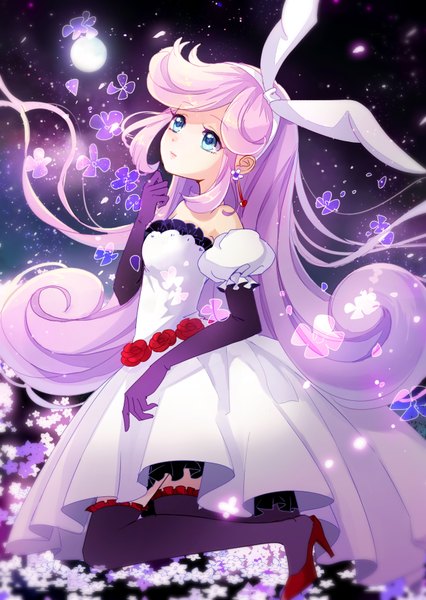 Anime picture 1240x1748 with original dorris single long hair tall image blue eyes bare shoulders purple hair kneeling looking up girl thighhighs dress gloves flower (flowers) bow black thighhighs hair bow earrings black gloves