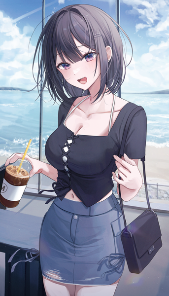 Anime picture 2286x4000 with original myowa single tall image looking at viewer fringe highres short hair breasts open mouth black hair smile hair between eyes standing purple eyes holding sky cleavage cloud (clouds) :d