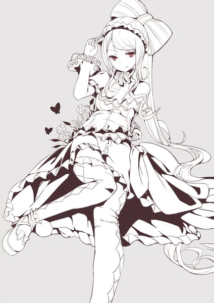 Anime picture 1000x1414 with overlord (maruyama) madhouse shalltear bloodfallen mitu yang single tall image red eyes sitting payot white hair ponytail very long hair arm support fang (fangs) monochrome slit pupils lolita fashion goth-loli vampire gothic