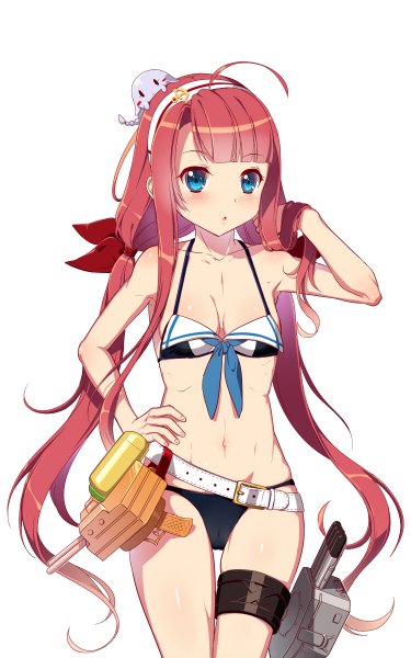 Anime picture 750x1200 with kantai collection kawakaze (kantai collection) cnm single long hair tall image looking at viewer blush fringe light erotic simple background white background twintails ahoge red hair hand on hip low twintails girl bow swimsuit