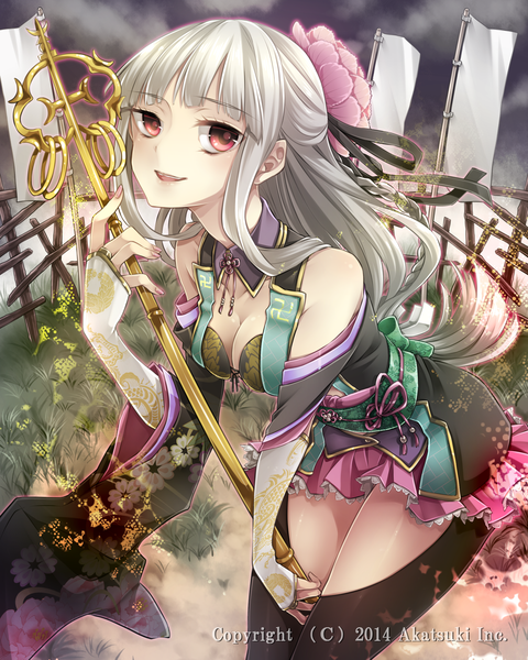 Anime picture 1920x2400 with original takamiya ren single long hair tall image highres open mouth smile red eyes bare shoulders white hair hair flower girl dress hair ornament flower (flowers) plant (plants) detached sleeves grass staff