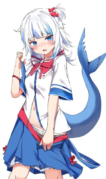 Anime picture 1072x1800 with virtual youtuber hololive hololive english gawr gura orobou single long hair tall image looking at viewer blush fringe open mouth blue eyes light erotic simple background standing white background silver hair tail blunt bangs