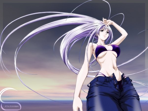 Anime picture 1280x960 with tenjou tenge natsume maya tasaki satoshi single long hair light erotic sky silver hair ahoge grey eyes framed girl navel swimsuit bikini pants jeans