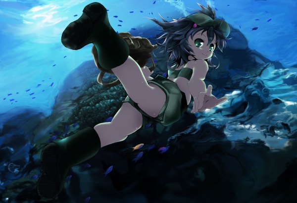 Anime picture 1200x821 with touhou kawashiro nitori taicho128 single fringe short hair smile hair between eyes green eyes full body looking back grey hair two side up underwater swimming girl hat water knee boots fish (fishes)