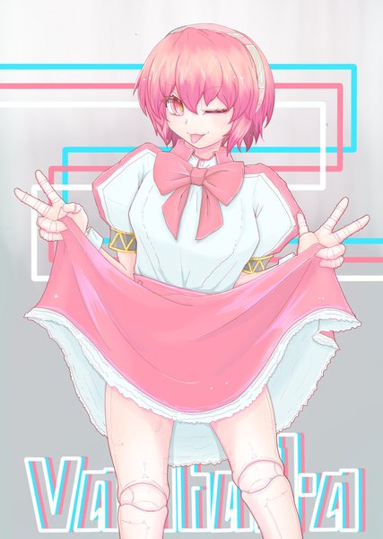 Anime picture 1995x2800 with va-11 hall-a dorothy haze cube85 single tall image fringe highres short hair smile hair between eyes pink hair pink eyes one eye closed wink short sleeves puffy sleeves copyright name victory skirt lift :p