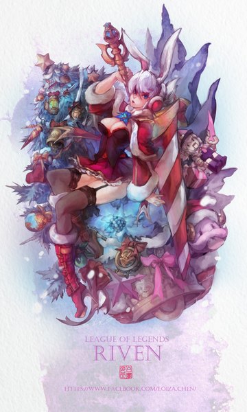 Anime picture 1200x2000 with league of legends riven (league of legends) poro (league of legends) loiza single tall image looking at viewer fringe short hair breasts blue eyes light erotic large breasts animal ears white hair high heels bunny ears girl thighhighs weapon