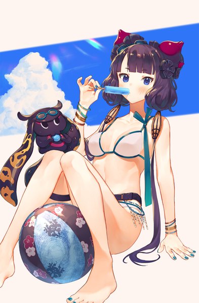 Anime picture 1312x2000 with fate (series) fate/grand order katsushika hokusai (fate/grand order) tokitarou (fate/grand order) katsushika hokusai (swimsuit saber) (fate) kotoribako single long hair tall image looking at viewer blush fringe breasts blue eyes light erotic sitting twintails bare shoulders holding purple hair