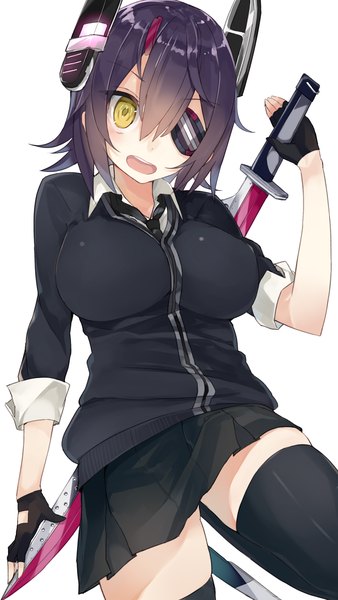Anime picture 847x1500 with kantai collection tenryuu light cruiser kou mashiro single tall image short hair breasts open mouth light erotic simple background large breasts white background yellow eyes purple hair zettai ryouiki girl thighhighs skirt gloves weapon