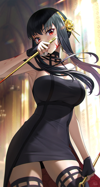 Anime picture 1069x2000 with spy x family yor briar masin0201 single long hair tall image looking at viewer fringe breasts black hair red eyes large breasts standing holding indoors blunt bangs arm up armpit (armpits) covered mouth dual wielding