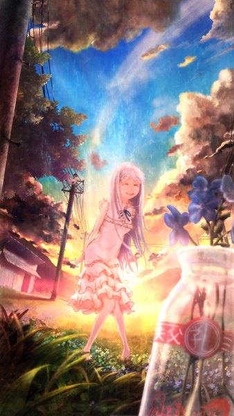 Anime picture 2480x4406 with ano hi mita hana no namae wo bokutachi wa mada shiranai a-1 pictures honma meiko ixaga single long hair tall image fringe highres sky silver hair cloud (clouds) eyes closed barefoot bare legs evening happy sunset girl dress