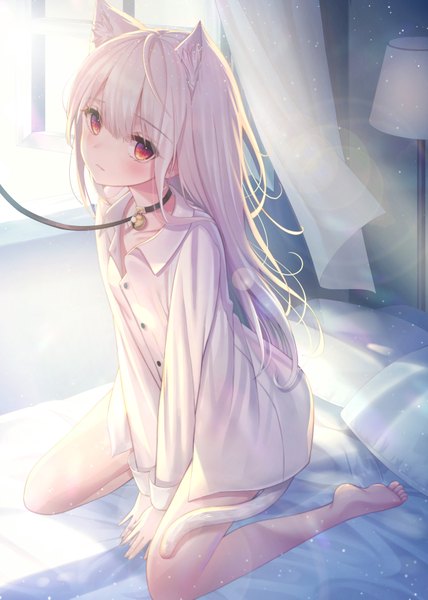 Anime picture 2500x3501 with original kyubi single long hair tall image looking at viewer blush fringe highres hair between eyes red eyes animal ears payot full body white hair indoors tail animal tail barefoot wind