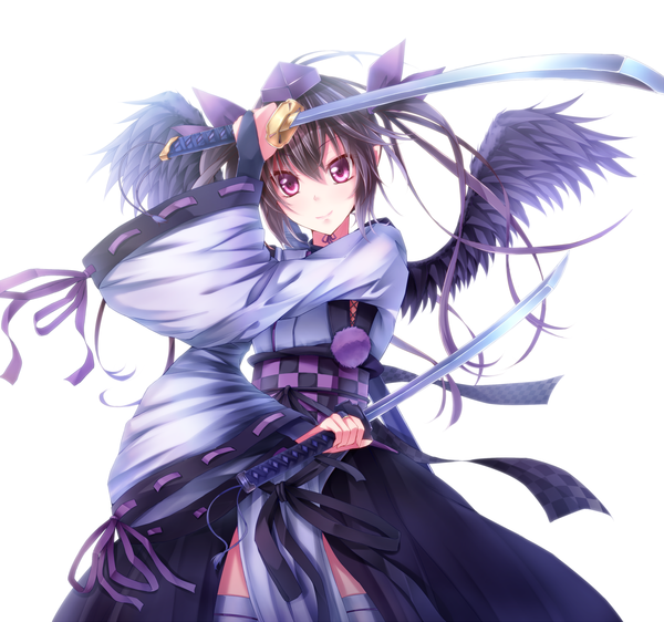 Anime picture 1300x1218 with touhou himekaidou hatate dabadhi single long hair black hair simple background smile white background twintails holding japanese clothes pink eyes black wings dual wielding checkered kourindou tengu costume girl ribbon (ribbons) weapon