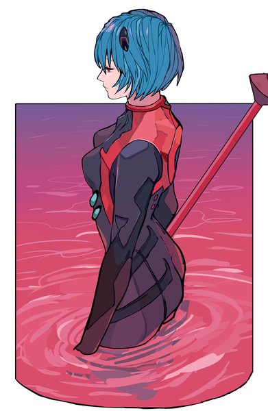 Anime picture 2066x3169 with neon genesis evangelion rebuild of evangelion evangelion: 3.0 you can (not) redo gainax ayanami rei kko (um7mr) single tall image highres short hair red eyes standing blue hair looking away partially submerged girl bodysuit pilot suit