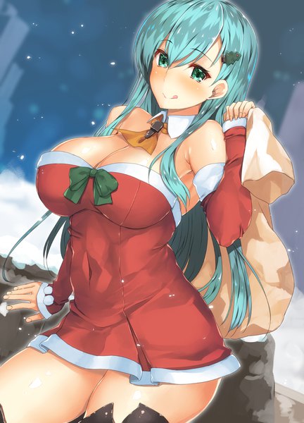Anime picture 734x1020 with kantai collection suzuya heavy cruiser body mahattaya ginga single long hair tall image blush fringe breasts light erotic smile hair between eyes large breasts cleavage aqua eyes aqua hair arm support christmas girl detached sleeves