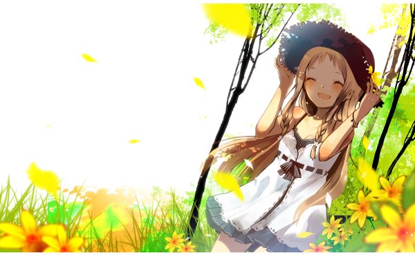 Anime picture 1200x736 with original yuzuyomogi single long hair blush breasts open mouth blonde hair wide image holding cleavage braid (braids) twin braids happy body blush girl dress flower (flowers) plant (plants) hat