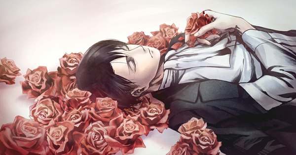 Anime picture 1024x537 with shingeki no kyojin production i.g levi (rivaille) jujuto single short hair black hair simple background wide image lying eyes closed hand on chest clothes on shoulders boy flower (flowers) rose (roses) neckerchief