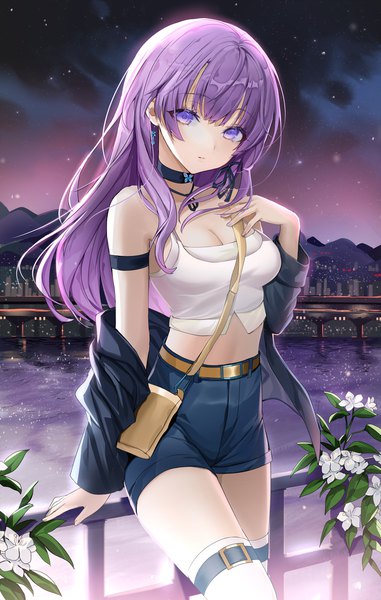 Anime picture 1113x1754 with original lloule single long hair tall image looking at viewer fringe breasts standing purple eyes cleavage purple hair outdoors blunt bangs off shoulder night open jacket midriff night sky girl