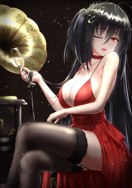 Anime picture 893x1263 with azur lane taihou (azur lane) taihou (forbidden feast) (azur lane) nev (nevblindarts) single long hair tall image looking at viewer fringe breasts open mouth light erotic black hair simple background hair between eyes red eyes large breasts sitting bare shoulders holding