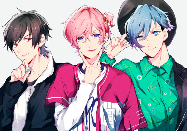 Anime picture 1200x847 with b-project a-1 pictures aizome kento ashu yuuta kaneshiro goushi noki418 looking at viewer fringe short hair blue eyes black hair simple background smile hair between eyes red eyes purple eyes blue hair looking away pink hair upper body