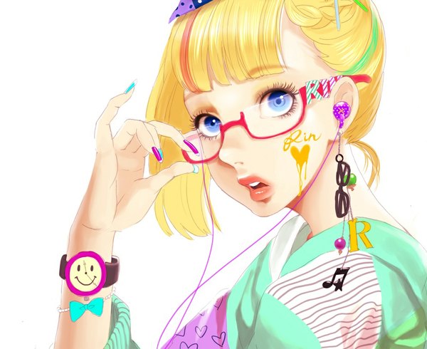 Anime picture 1000x817 with vocaloid kagamine rin minami haruya single looking at viewer short hair open mouth blue eyes simple background blonde hair white background nail polish fingernails lips lipstick long fingernails eyeshadow face paint blue nail polish pink nail polish