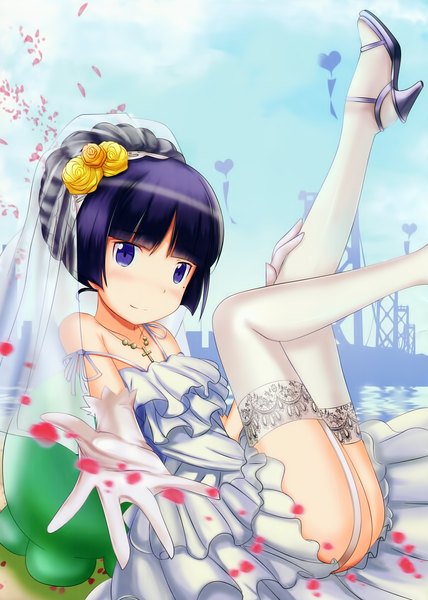 Anime picture 1416x1984 with ore no imouto ga konna ni kawaii wake ga nai gokou ruri edogawakid single tall image looking at viewer short hair blue eyes light erotic blue hair scan alternate hairstyle hair up wedding girl thighhighs dress gloves petals white thighhighs