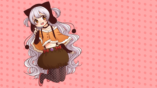 Anime picture 1920x1080 with mahou shoujo madoka magica shaft (studio) momoe nagisa dekodere mutsuki uto single looking at viewer highres open mouth smile wide image brown eyes full body bent knee (knees) very long hair grey hair midriff two side up wallpaper vector