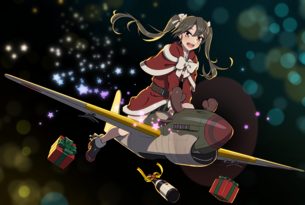 Anime picture 1403x948 with kantai collection zuikaku aircraft carrier koubakotone single long hair blush fringe open mouth black hair hair between eyes sitting twintails brown eyes looking away full body horn (horns) sparkle fur trim low twintails happy