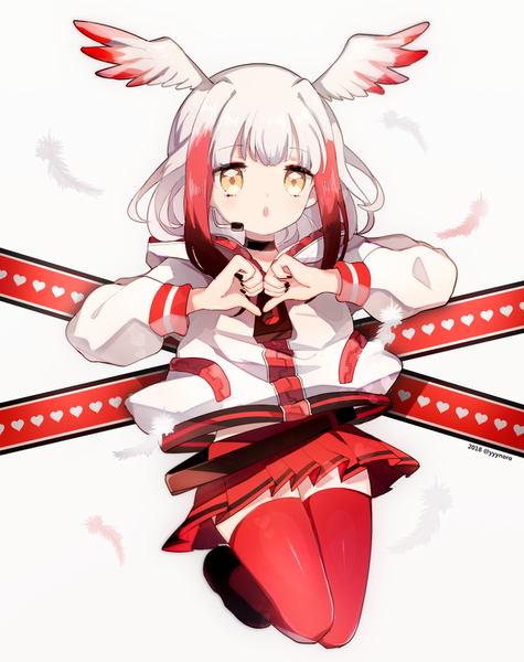 Anime picture 776x980 with kemono friends crested ibis (kemono friends) captain yue single long hair tall image looking at viewer signed yellow eyes full body white hair red hair nail polish pleated skirt multicolored hair two-tone hair streaked hair twitter username jumping head wings