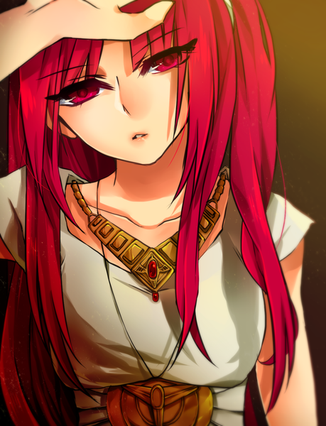 Anime picture 1300x1700 with magi the labyrinth of magic a-1 pictures morgiana nusine single long hair tall image looking at viewer fringe breasts red eyes red hair lips one side up hand on head girl pendant necklace
