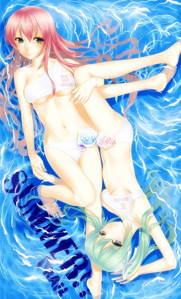 Anime picture 1211x2000 with vocaloid hatsune miku megurine luka rail (silverbow) long hair tall image highres blue eyes light erotic multiple girls pink hair aqua hair holding hands girl 2 girls swimsuit water