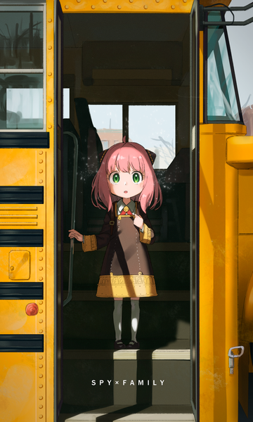 Anime picture 900x1500 with spy x family anya (spy x family) sakoku (rh ty ks) single tall image looking at viewer short hair green eyes pink hair full body ahoge copyright name girl thighhighs uniform school uniform white thighhighs ground vehicle bus