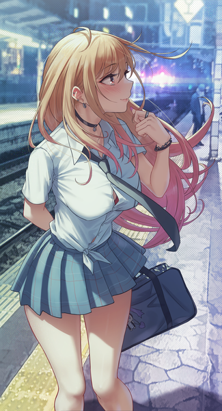 Anime picture 1643x3035 with sono bisque doll wa koi wo suru cloverworks kitagawa marin solar (happymonk) single long hair tall image blush fringe breasts light erotic blonde hair smile large breasts standing holding looking away outdoors profile pleated skirt