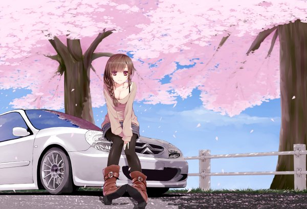 Anime picture 1468x1000 with original citroen uttt -xxx single long hair looking at viewer breasts red eyes brown hair braid (braids) girl plant (plants) petals tree (trees) boots sweater ground vehicle car