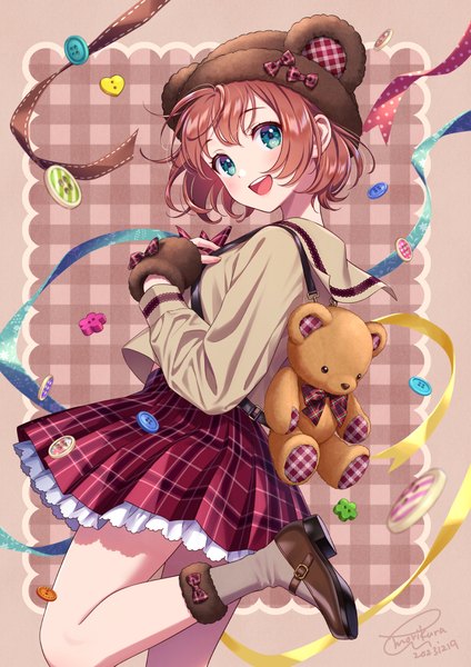 Anime picture 868x1228 with original morikura en single tall image looking at viewer fringe short hair open mouth blue eyes smile brown hair standing signed :d pleated skirt turning head standing on one leg frilly skirt girl skirt