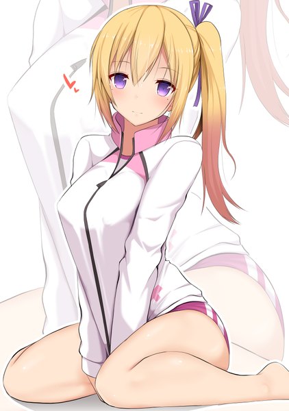 Anime picture 703x1000 with musaigen no phantom world kawakami mai takeyuu single long hair tall image looking at viewer light erotic blonde hair sitting purple eyes barefoot bare legs side ponytail wariza zoom layer girl uniform gym uniform