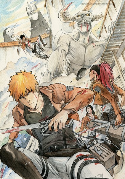 Anime picture 703x1000 with bleach shingeki no kyojin studio pierrot production i.g kurosaki ichigo kuchiki byakuya abarai renji zaraki kenpachi sideburn004 long hair tall image short hair black hair holding ponytail red hair profile horn (horns) black eyes orange hair