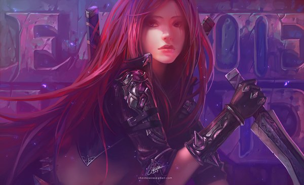 Anime picture 1600x977 with league of legends katarina (league of legends) chenbo single long hair wide image signed pink hair lips scar girl gloves navel weapon jacket armor dagger