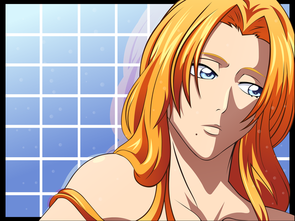 Anime picture 4000x3000 with bleach studio pierrot matsumoto rangiku ironcid single long hair highres blue eyes bare shoulders absurdres orange hair mole portrait reflection face framed vector mole under mouth girl