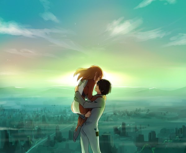 Anime picture 1190x980 with mujin wakusei survive luna (mujin wakusei survive) kaoru (mujin wakusei survive) crise long hair short hair black hair standing sky cloud (clouds) eyes closed profile orange hair leaning leaning forward ruins fog carrying morning sunrise