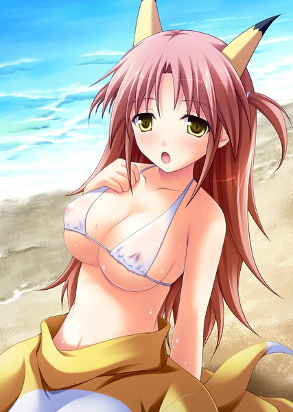 Anime picture 711x1000 with infinite stratos 8bit nohotoke honne tsuda akira single long hair tall image looking at viewer blush breasts open mouth light erotic brown hair yellow eyes beach girl swimsuit bikini sea