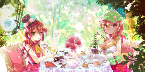 Anime picture 2418x1200 with cafe-chan to break time cafe (cafe-chan to break time) tea (cafe-chan to break time) porurin long hair looking at viewer blush fringe highres breasts smile hair between eyes red eyes brown hair wide image large breasts sitting multiple girls holding brown eyes