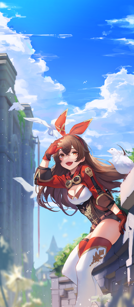 Anime picture 1500x3441 with genshin impact amber (genshin impact) leviathan (hikinito0902) single long hair tall image fringe breasts open mouth smile hair between eyes red eyes brown hair sitting payot looking away sky cleavage cloud (clouds) outdoors
