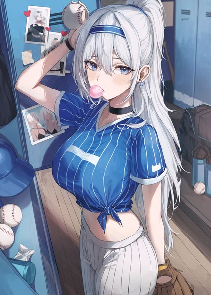 Anime picture 2209x3092 with original 2gong (9ujin ) single long hair tall image looking at viewer blush fringe highres breasts blue eyes hair between eyes large breasts standing holding silver hair indoors mole short sleeves midriff